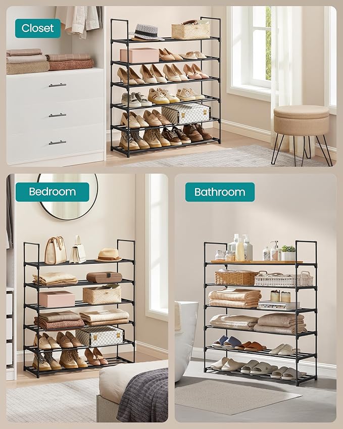 SONGMICS Shoe Rack, 6-Tier Shoe Organizer, Metal Storage Shelf, Upright or Upside Down, for 24-30 Pairs, Stackable, for Entryway, 11.8 x 36.2 x 42.7 Inches, Black ULSA306BH01