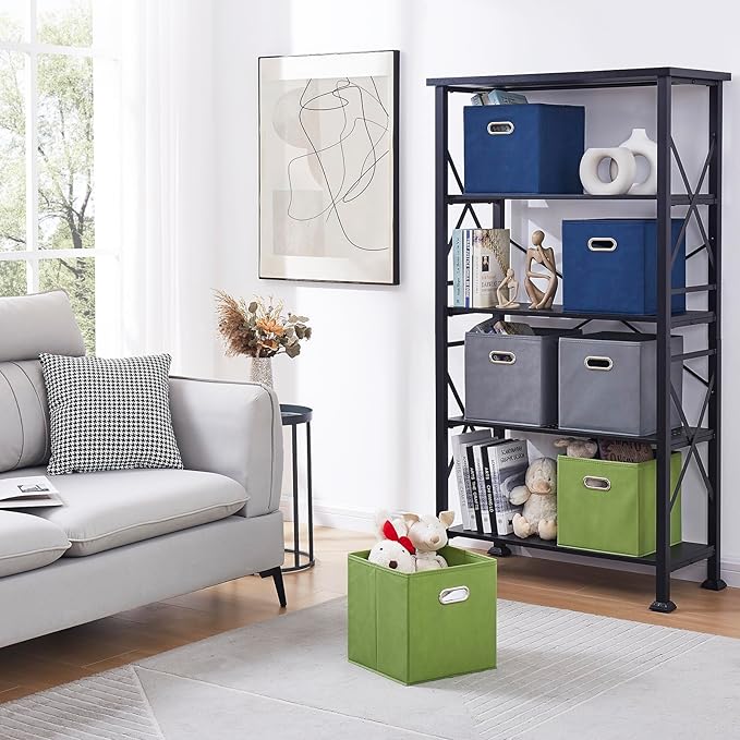 11 Inch Fabric Collapsible Storage Cubes,6 Pack Colored Closet Storage Bins with Metal Handles Foldable Cube Baskets for Organizing Clothes, Toys, Books（Green, Gray, Dark Blue）