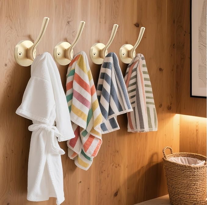 Gold Hat and Coat Hooks, 4 Pack Heavy Duty Coat Robe Hook, Metal Double Backpack Hook Wall Mounted, Towel Hooks for Bathroom Entryway Cubicle Closet Garage