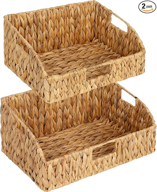 StorageWorks Pantry Baskets for Organizing, Water Hyacinth Baskets for shelves with Built-in Handles, Pantry Organizers and Storage, Set of 2 (Large and Medium)