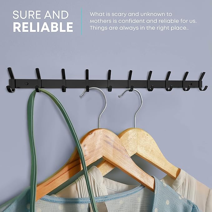 Matte Black Coat Rack Wall Mount – 30 Inch Stainless Steel Hook Rail with 10 Double Coat Hooks – Wall Mounted Entryway Organizer for Coats, Hats, Bags, Towels, Robes, Closet or Bathroom - 2 Pack