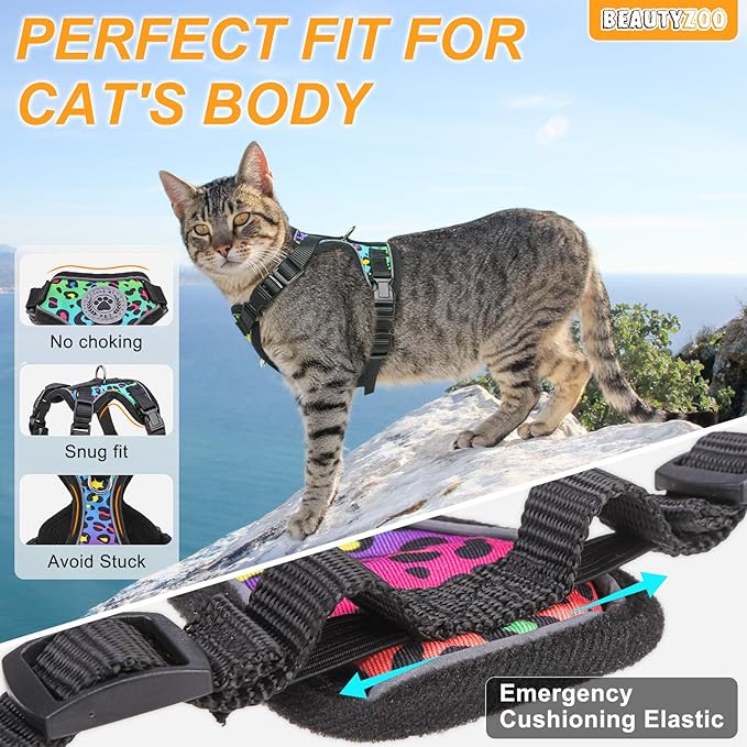 BEAUTYZOO Escape Proof Cat Harness and Leash for Walking, Soft Adjustable Cute Vest for Small to Large Cats, Reflective Breathable Easy-Control Outdoor Jacket, Kitten Harness and Leash Set, Leopard, S