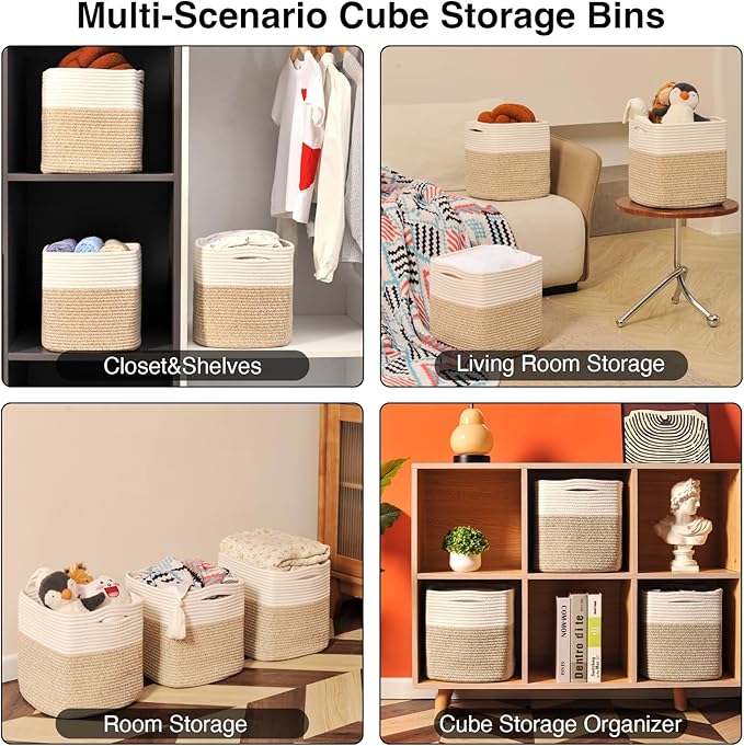 13 Inch Cube Closet Storage Bins, Woven Cotton Rope Organizer Baskets for Organizing & Shelves, Books, Towels, Clothes, Toys, 13x13x13 in, Off White & Brown (Pack of 3)