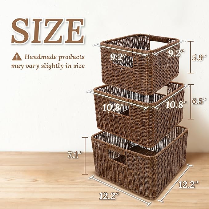 Baskets with Handles, Wicker Storage, Shelf Boxes for Organizing, Decorative Resin, Set of 3, Toffee