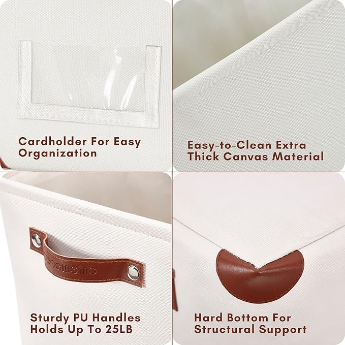 DECOMOMO White Storage Bins Fabric Storage Baskets for Shelves & Linen Closet Organization (Creamy White W/Label holder, Large - 3 Pack)
