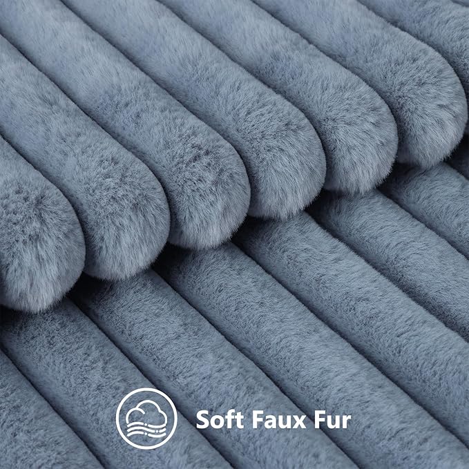decorUhome Faux Fur Spring Throw Pillow Covers 12x20 Set of 2, Decorative Soft Plush Striped Lumbar Neutral Couch Pillow Covers with Velvet Back for Sofa, Bed, Living Room Home, Grey Blue