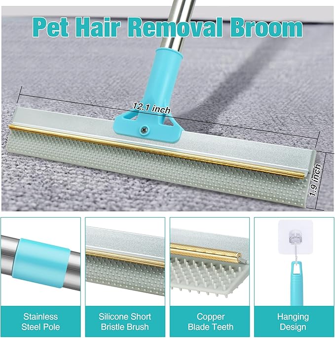 Silicone Carpet Rake for Pet Hair Removal Tool,Magic Brush Dog Hair Removal Glove,Cat Carpet Broom Rake&Pet Hair Remover Tool 3PCS/Set for Rugs, Mats, Couch, Furniture,54inch Scraper Rake