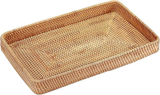 Hipiwe Rattan Serving Tray Large Wicker Storage Basket Tray for Organizing Rectangular Decorative Woven Trays Snacks Fruit Wicker Basket for Coffee Table Bathroom Home Decor,14.8"x 9.0"x1.8"