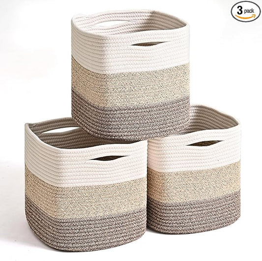 11 Inch Cube Storage Bins, Storage Cube Organizer Bins, Woven Cotton Rope Baskets for Storage, Storage Basket for Organizing Shelves, Square Baskets for Toys, Gradient Brown (Pack of 3)