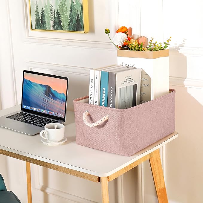 Storage Bins with Sturdy Cotton Handles(1 Pack), Fabric Storage Baskets for Organizing use for Office & Home, Book, Clothes, Toys, Closet Boxes (Large, Pink, 15.7x11.8x7.9 inches)