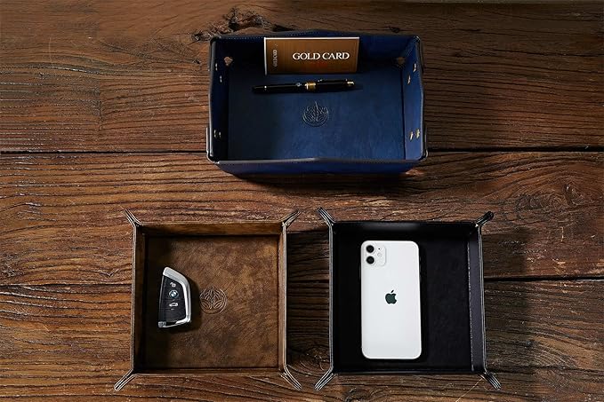 Leather Bedside Storage Tray - Jewelry Organizer for Girl's Key, Wallet, Coin Box - Travel PU Valet Tray (Dark Blue)