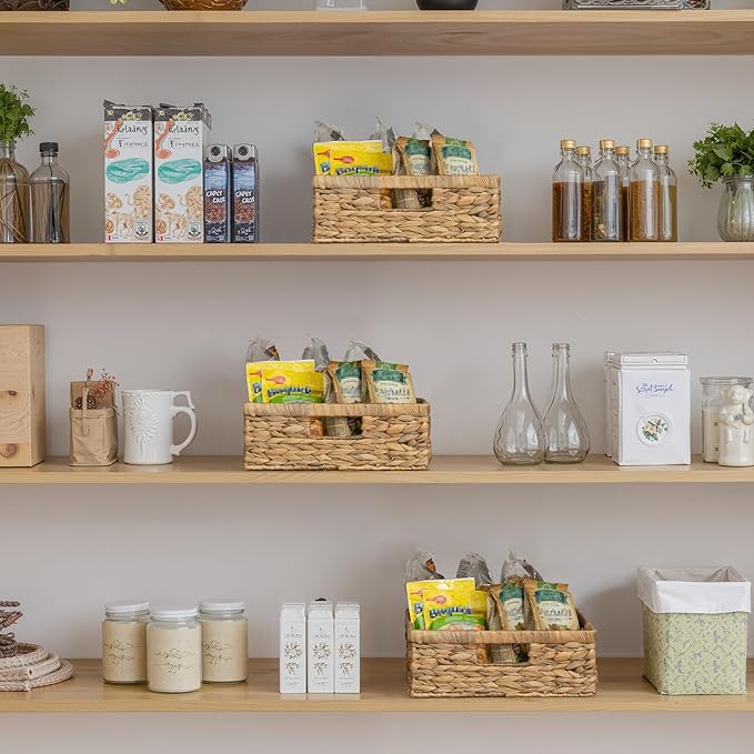 StorageWorks Pantry Baskets, Wicker Storage Baskets for Organizing, Shelves, Pantry Organizers and Storage, Water Hyacinth, 13"L x 10¼"W x 4 ¾"H
