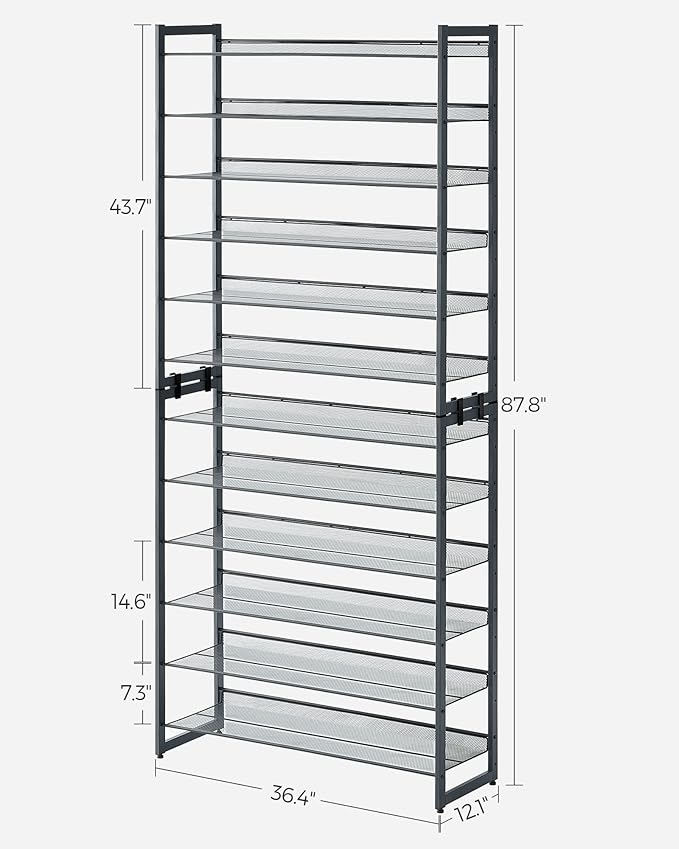 SONGMICS 12-Tier Stackable Shoe Shelf Set, Metal Shoe Storage for Garage, Entryway, with Adjustable Shelves, Hold 48-60 Pairs, Cool Gray ULMR12G01