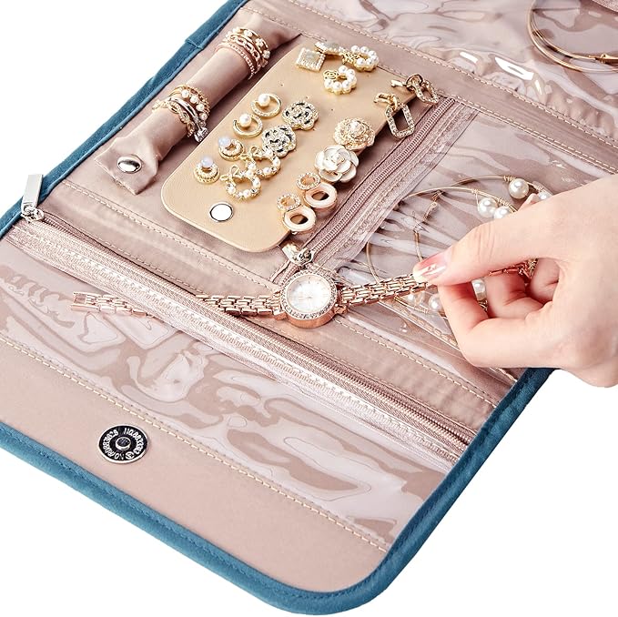 BELALIFE Travel Jewelry Case Organizer, Foldable Storage Roll for Earrings, Necklaces, Rings, Bracelets, Brooches, Lake-Blue
