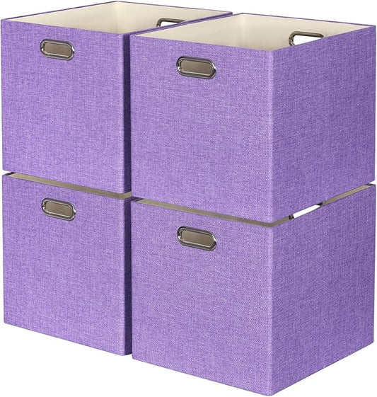 13x15x13 Storage Cube Bins, Foldable Storage Cubes, Fabric Organizer Basket Bin, Solid Containers Decorative Storage Boxes for Shelves Wardrobe Closet Home Office, 4 Pack, Purple