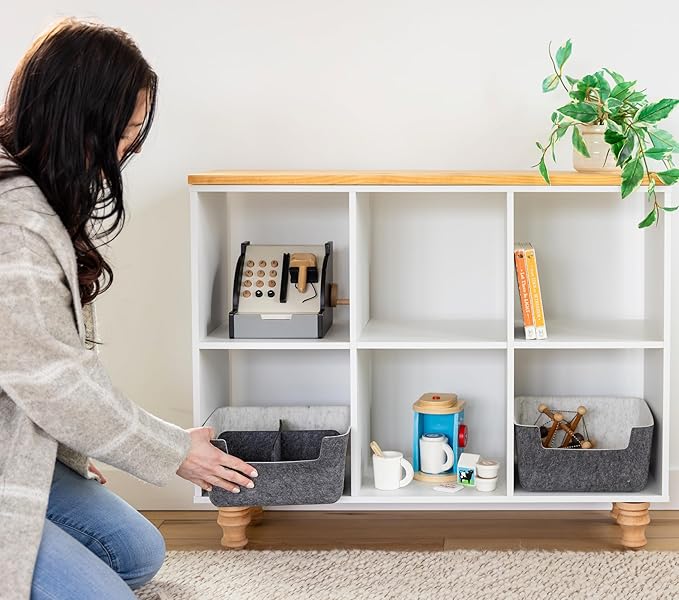 Three by Three Seattle felt·like·it!™ Medium Cubby Storage Bin Set of 2 with Dividers – Eco-Friendly Recycled Felt Bins for Home & Office Organization, Charcoal