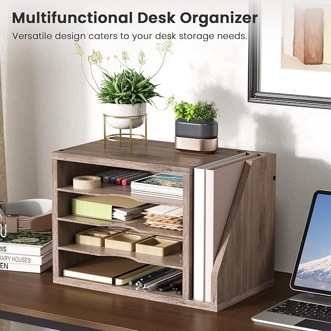 File Organizer Desktop, Wood Desk Organizer with 3 Adjustable Shelves, Mail Paper Sorter for Office, Home, File Holders for Envelopes, Mail Supplies or Magazines, Greige