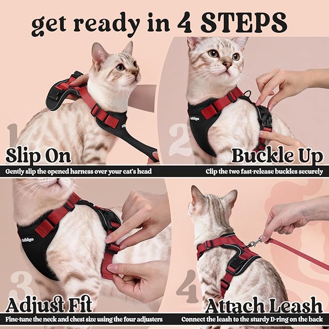 rabbitgoo Cat Harness and Leash for Walking, Escape Proof Soft Adjustable Vest Harnesses for Cats, Easy Control Breathable Reflective Strips Jacket, Black & Red, XXS