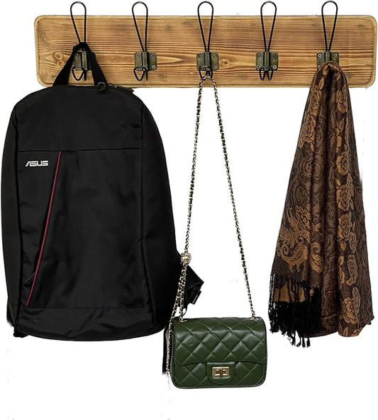 Coat Rack Wall Mount – 24” Reclaimed Burnt Pine Wood with 5 Hooks, Rustic Wooden Wall Mounted Organizer with Wall Hooks for Hanging, Farmhouse Entryway, Hallway, Bathroom, or Bedroom