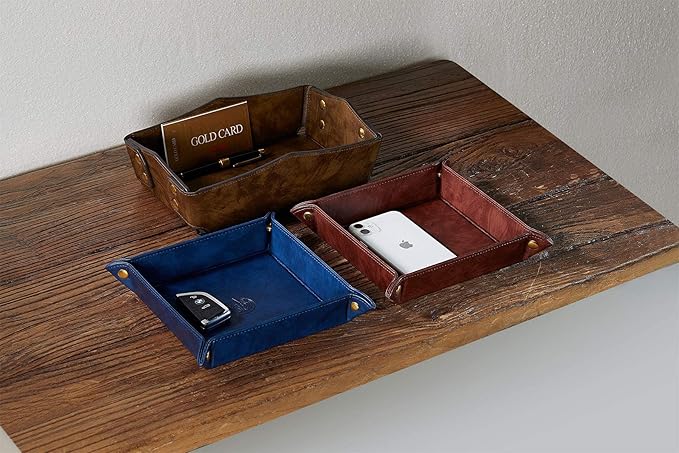 Leather Bedside Storage Tray - Jewelry Organizer for Girl's Key, Wallet, Coin Box - Travel PU Valet Tray (Dark Blue)