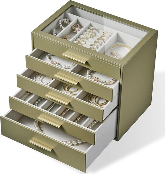 Jewelry Box Organizer Case for Women: 5-Layer Jewelry Storage Case with Glass Window, Olive Green Leather with Cream Velvet, Holder for Ring Necklace Bracelet Brooch Watch, Great Gift for Her