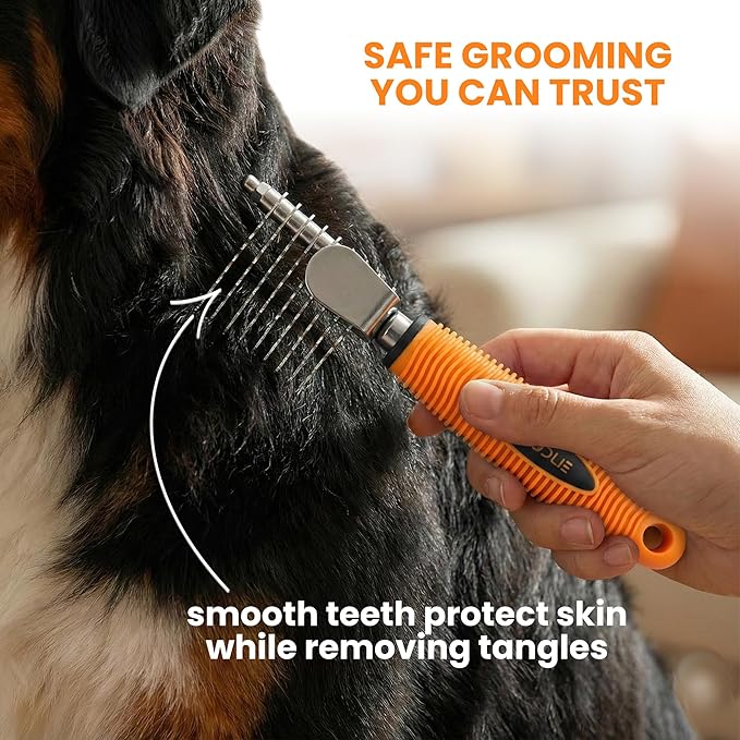 Poodle Dematting Fur Rake Comb Brush for Dogs and Cats - Long 2.5" Steel Safety Blades Metal Comb for Detangling Matted or Knotted Undercoat Hair (Orange)