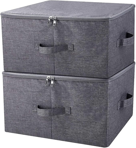 Pack of 2, Fabric Folding Washable Clothes Storage Boxes with Zip Lid for Wardrobe, Black Gray