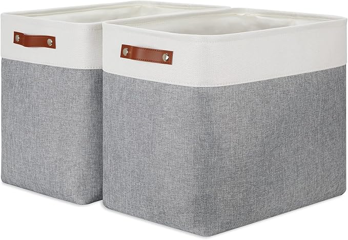 DULLEMELO Extra Large Storage Baskets, Fabric Storage Bins for Organizing Shelves Nursery Toys Books, Closet Baskets and Bins with Handles, White&Grey, 2-Pack