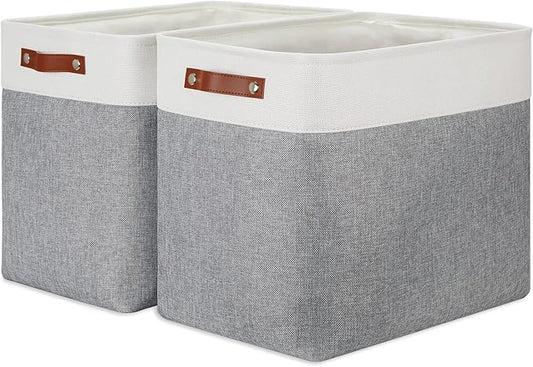 DULLEMELO Extra Large Storage Baskets, Fabric Storage Bins for Organizing Shelves Nursery Toys Books, Closet Baskets and Bins with Handles, White&Grey, 2-Pack