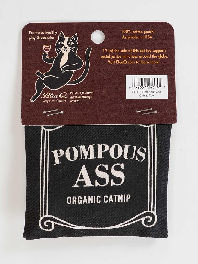 Blue Q Pompous Catnip Toys - Durable Cat Toys for Biting, Premium USA-Grown Organic Catnip, Pet Supplies, 100% Silk-Screened Cotton Pouch w/Funny Kitty Graphics, Cute Cat Birthday Gift Ideas