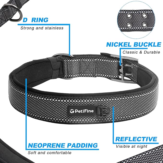PetiFine Dog Collar for Large Dogs, Neoprene Padded and Adjustable, Reflective Wide Heavy Duty Pet Collars with Durable Metal Belt Buckle for Walking, Black, XL