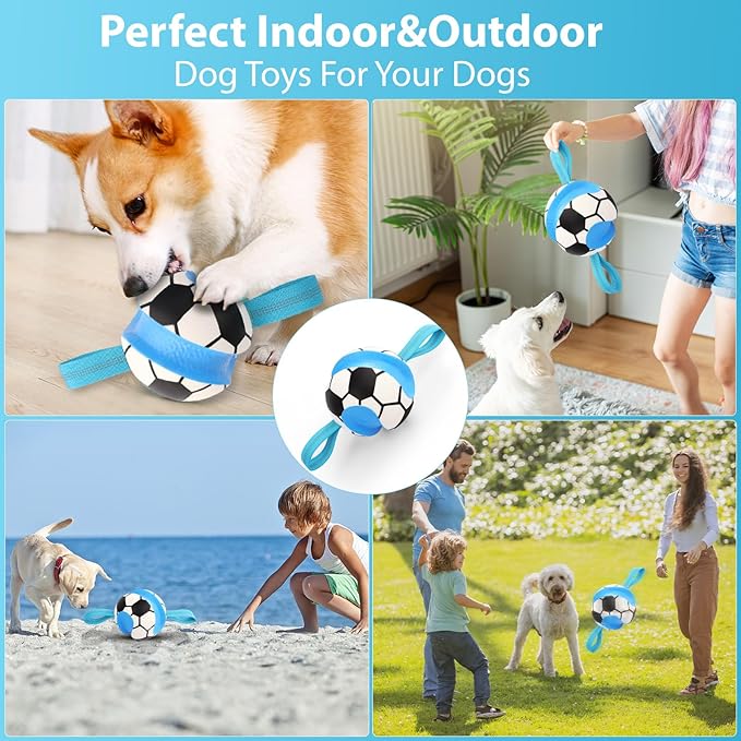Dog Toys Balls, Interactive Dog Soccer Ball with Pull Straps, Bouncing Water Toy, Durable Training Toy for Small Medium Pets, Puppy Toy for Indoor Outdoor Play