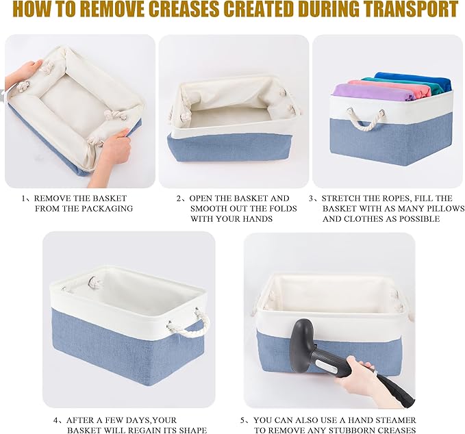 Storage Bins with Sturdy Cotton Handles(3 Pack), Fabric Storage Baskets for Organizing use for Office & Home, Book, Clothes, Toys, Closet Boxes (Medium, Blue-White, 14.2x10.2x7.1 inches)