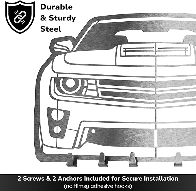 MOOH Car Key Holder for Wall - Metal Automotive Key Holder with 6 Hooks - Unique Car Gift for Men, Women, Car Lovers & Enthusiasts - Cool Man Cave Decor (Chevy Camaro 2014, Stainless Steel)