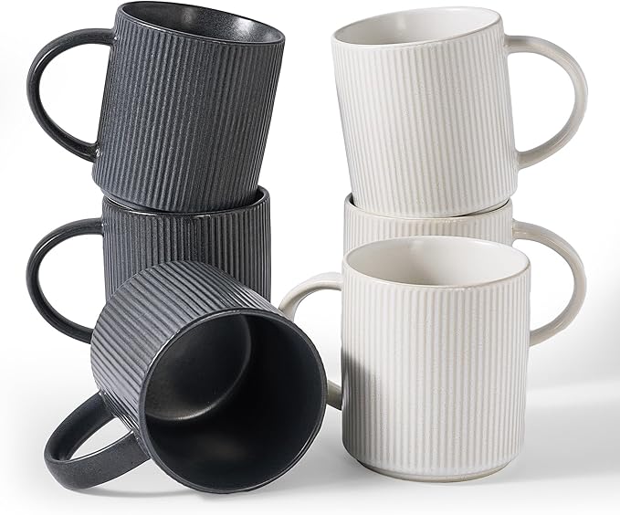 famiware Coffee Mug Set for 6, Star 16 oz Catering Mugs Cup Set with Handle for Coffee, Tea, Cocoa, Milk - Ceramic Stoneware Drinkware Set, Matte White + Matte Dark Charcoal