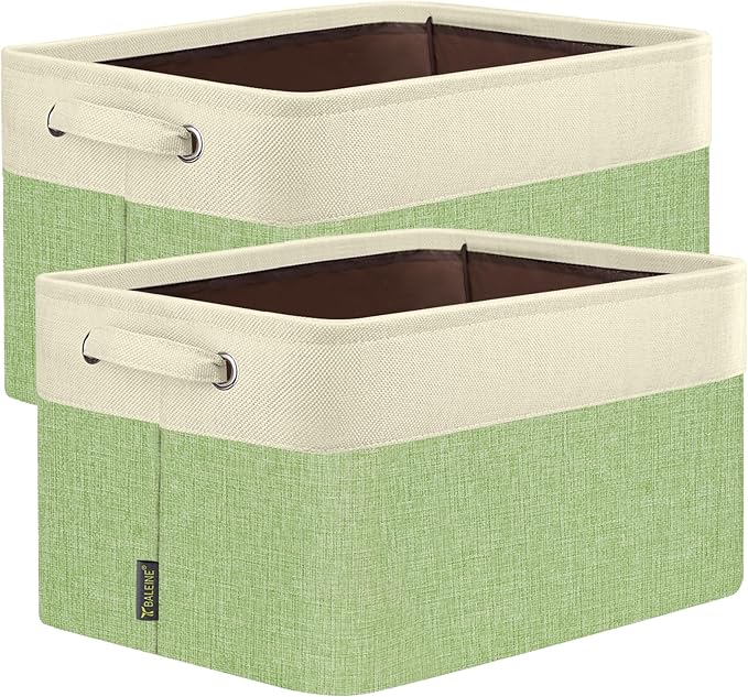 BALEINE 2 Pack Fabric Storage Bins for Shelves, Linen Storage Baskets for Organizing, Decorative Closet Bins for Clothes, Home (Green, 12"x8"x8")