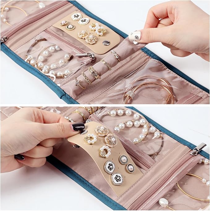 BELALIFE Travel Jewelry Case Organizer, Small Foldable Storage Roll for Earrings, Necklaces, Rings, Bracelets, Brooches, Lake-Blue