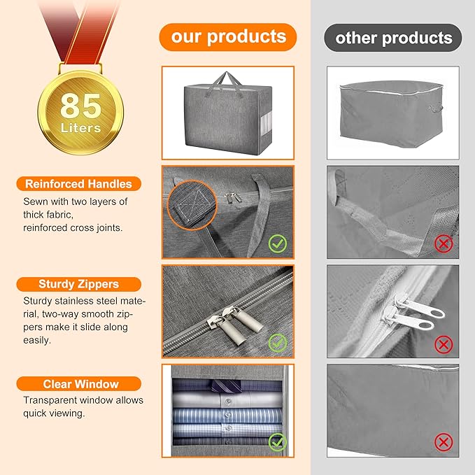 3 Pack 85L Comforter Storage Bags, Extra Large Bedding Storage Bags with Sturdy Zipper and Reinforced Handle, Clear Window, Moving Closet Organizers for Comforters and Blankets, Pillows