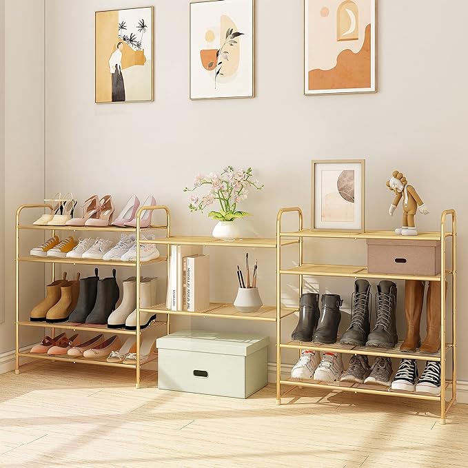 Simple Trending 5-Tier Stackable Shoe Rack, Expandable & Adjustable Shoe Organizer Storage Shelf, Wire Grid, Golden Yellow