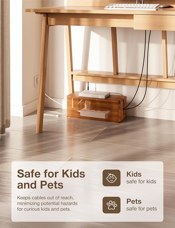 Acacia Wood Cable Management Box Round Edge - 16" L Wooden Cable Organizer Box for Electrical Hiding Cord Management - Power Strip Hider Cable Storage Box for Office, Router Wires, Under Desk