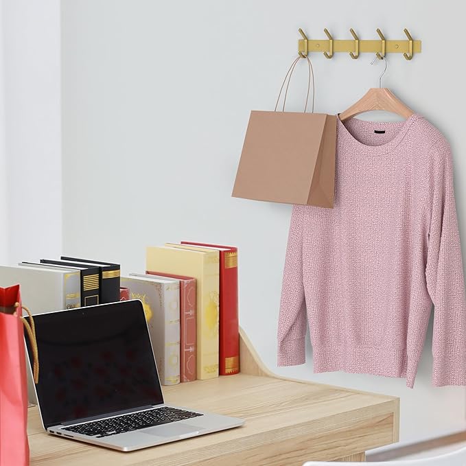 Brushed Gold Wall Mounted Coat Rack – 15 Inch Stainless Steel Rail with 5 Double Coat Hooks for Entryway, Bathroom, Bedroom, Kitchen – Modern Gold Hook Rack for Coats, Hats, Towels