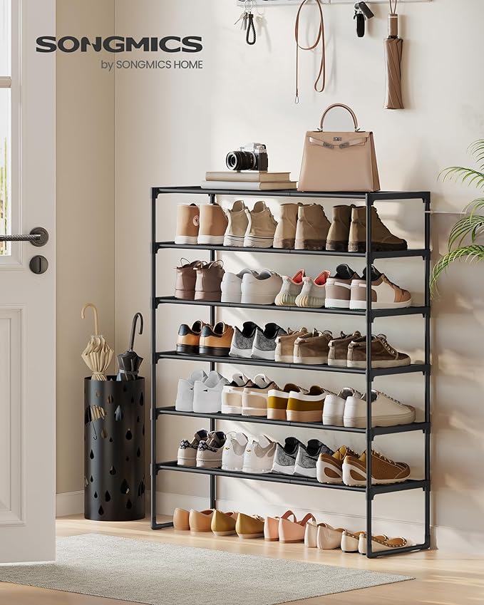 SONGMICS Shoe Rack, 6-Tier Shoe Organizer, Metal Storage Shelf, Upright or Upside Down, for 24-30 Pairs, Stackable, for Entryway, 11.8 x 36.2 x 42.7 Inches, Black ULSA306BH01