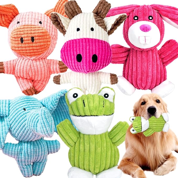 5 Pack Squeaky Dog Toys, Tough Stuffed Plush Puppy Tough Chew Toys, Durable Plush Animal Dog Toy for Large Small Medium Dogs to Keep Them Busy
