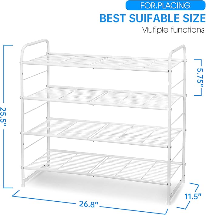 Simple Trending 4-Tier Stackable Shoe Rack, Expandable & Adjustable Shoe Organizer Storage Shelf, Wire Grid, White