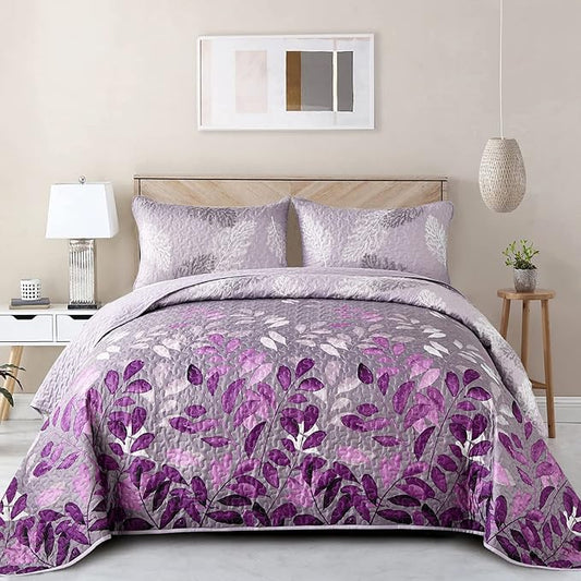 WONGS BEDDING Purple Floral Quilt Set Queen Size, 3 Pieces Botancal Leaves Bedspread Coverlet Set with 2 Pillowcases for All Season, Soft Microfiber Floral Bedding Set 96"×90"