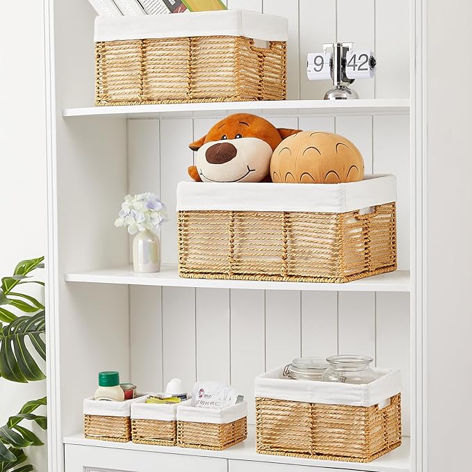 Vagusicc Wicker Storage Basket, 6 Pack Baskets for Organizing, Wicker Baskets with Handle, Rectangular Woven Basket for Storage Shelves, Cube Storage Bins for Closet/Clothes/Dresser, Natural