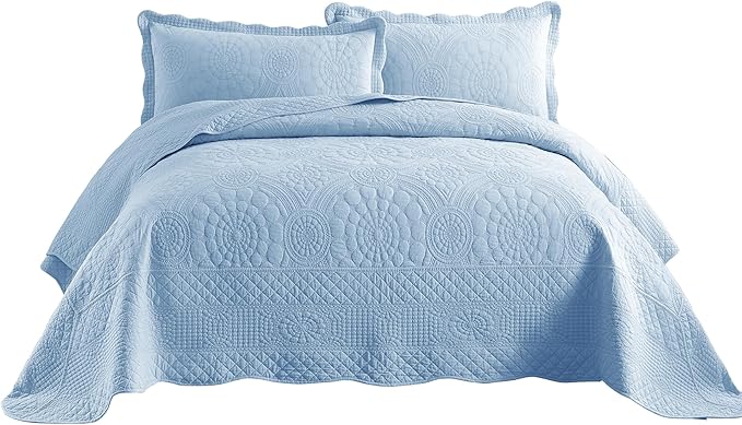 MarCielo 3-Piece 100% Cotton Oversized Bedspread Lightweight Quilt Coverlet Embroidery Farmhouse Bedding Set (Tf Light Blue, Oversized King (118"x106"))