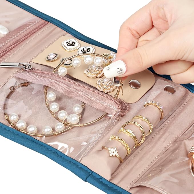 BELALIFE Travel Jewelry Case Organizer, Small Foldable Storage Roll for Earrings, Necklaces, Rings, Bracelets, Brooches, Lake-Blue