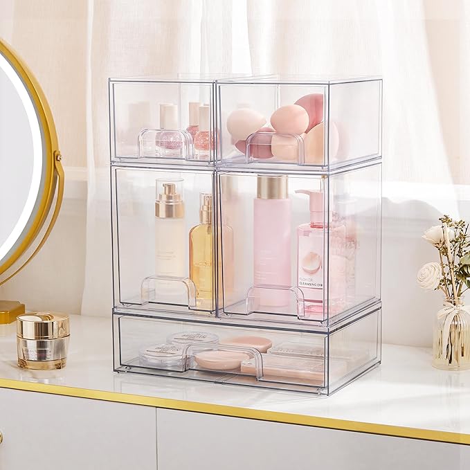 Vtopmart Stackable Storage Drawers Set of 5, Clear Plastic Organizer Bins for Beauty Supplies,Ideal for Vanity, Bathroom,Cabinet,Pantry Organization