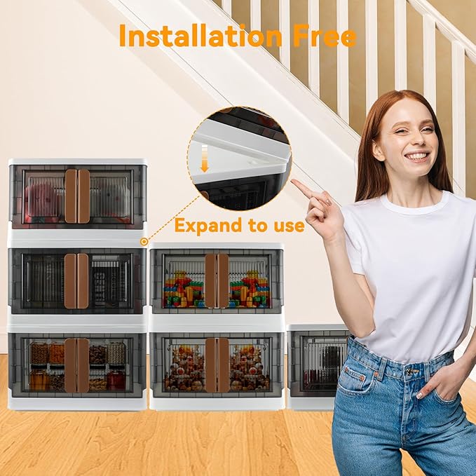 Storage Bins, Plastic Cabinet, 8.4 Gallon Capacity (32L Per One), 4 Pack, Stackable Collapsible Drawer, with Door and Buckle, Organizer for Home and Office, Transparent